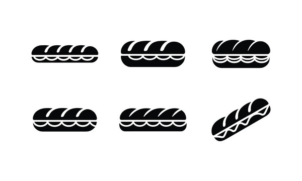 Set of black icons illustrating sub sandwiches or long bread rolls with filling.