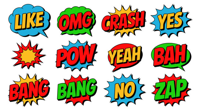Colorful comic style speech bubbles with sound effect words like like, pow, crash, and more