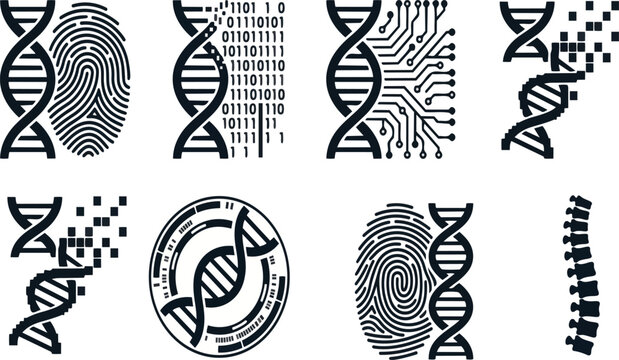 Set of eight black and white vector icons featuring dna strands integrated with digital binary code fingerprint patterns and circuit board elements arranged in a clean grid on transparent background