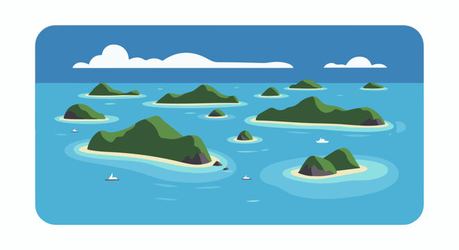 Stylized aerial view of an archipelago with green islands, sandy shores, and turquoise waters under a blue sky with clouds