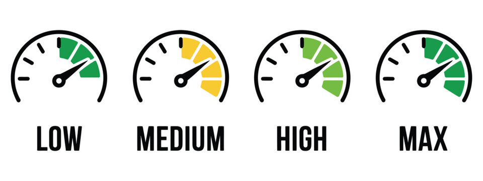 Dashboard gauge vector icons set with colorful speed meter indicators for energy status, performance evaluation, power monitoring dashboards, rating systems, and professional modern vector 