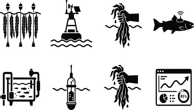 Marine aquaculture monitoring icons showing seaweed farming sensors fish tracking systems and data analysis tools for sustainable aquatic resource management solutions presented in a clean professiona