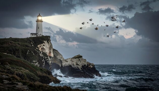 Surreal lighthouse illuminates flock of migrating teacups at sea
