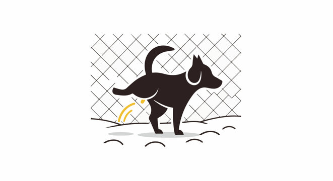 Stylized black dog marking territory with yellow liquid against a chain-link fence