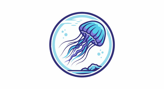 Stylized blue and purple jellyfish with flowing tentacles floats within a circular frame of ocean