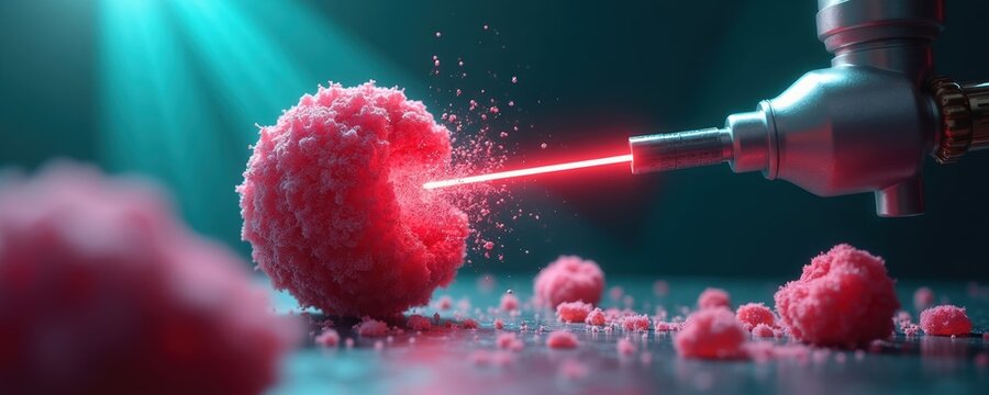 Abstract microscopic view shows laser beam hitting pink kidney stone like formation. Medical innovation breaks down mass into tiny particles with precision. Health tech advances treatment options for