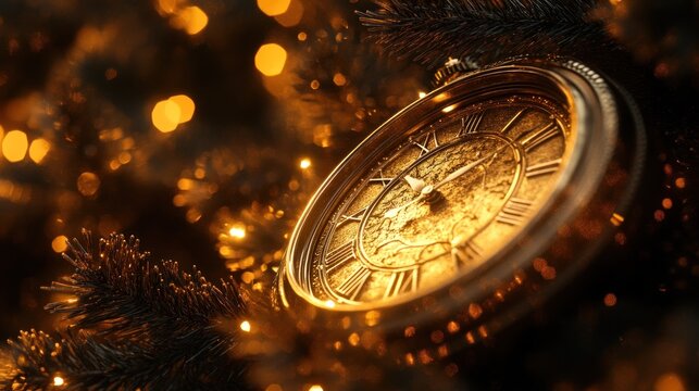Golden antique clock on a Christmas tree