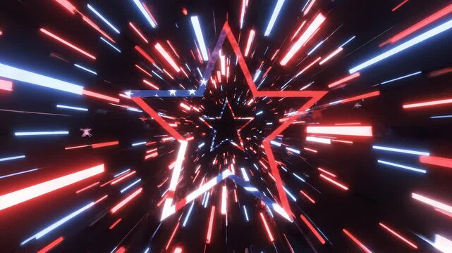 Abstract Red Blue Star Tunnel Warp Speed Motion Background with American Flag Elements for Independence Day Celebrations