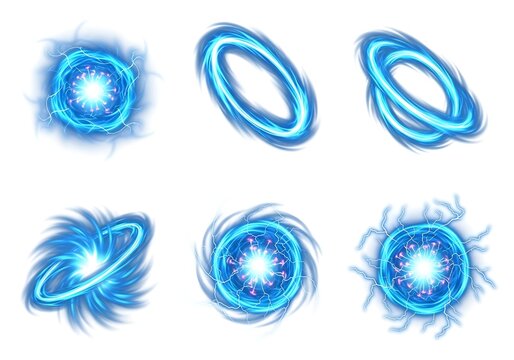 Set of blue magic portal and energy ring effects for game design and motion graphics