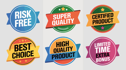 Obraz premium Set of six colorful product badge stickers with text labels for marketing and promotions