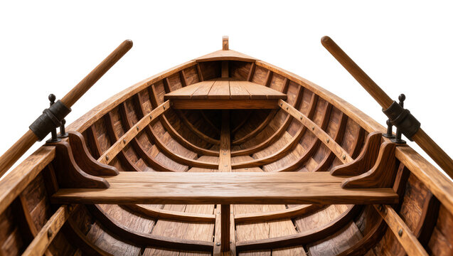 Wooden rowing boat interior with oars, isolated on transparent background