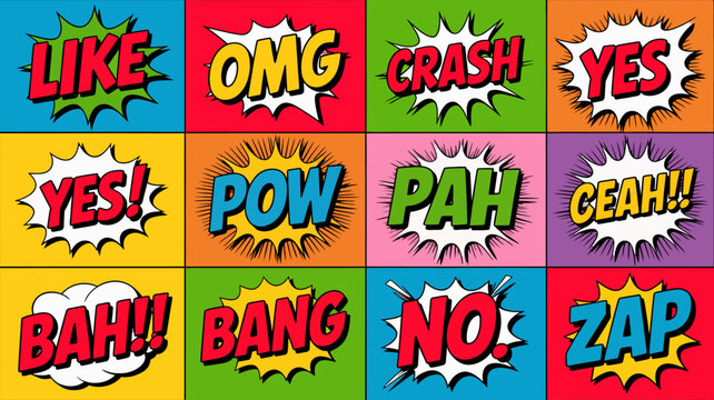 Set of colorful comic speech bubble text icons with exclamations and expressions