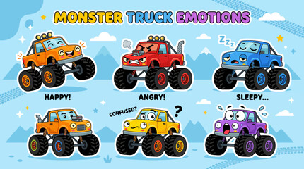 Funny monster truck cartoon character with giant wheels and expressive faces, flat vector illustration, cheerful, angry, sleepy, confused, surprised emotions, modern kawaii mascot style   © Maftuh