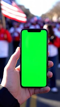Hand Holding Smartphone With Green Screen Chroma Key Display During Fourth of July Parade Celebration