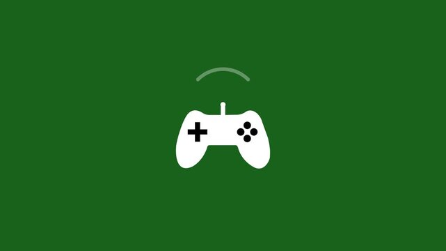 Minimalist white gaming controller icon with wireless signal waves on green background, simple video game console game pad animation 4k loop.