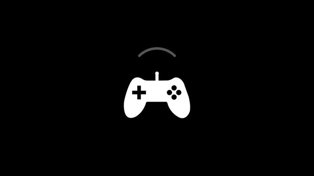 Minimalist white gaming controller icon with wireless signal waves on black background, simple video game console game pad animation 4k loop.