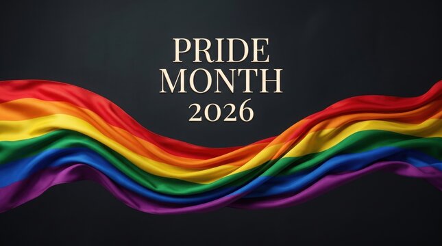 Pride Month 2026 banner with rainbow flag, elegant silk fabric texture on dark background, LGBTQ community celebration and awareness concept