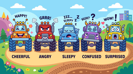 Funny monster truck cartoon character with giant wheels and expressive faces, flat vector illustration, cheerful, angry, sleepy, confused, surprised emotions, modern kawaii mascot style   © Maftuh