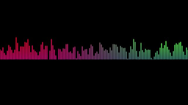 Colorful neon audio waveform spectrum animation on black background, digital pink and green sound frequency equalizer bars 4k video animation.