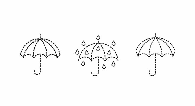 Dotted Outline Umbrella with Raindrop Icons Illustration.