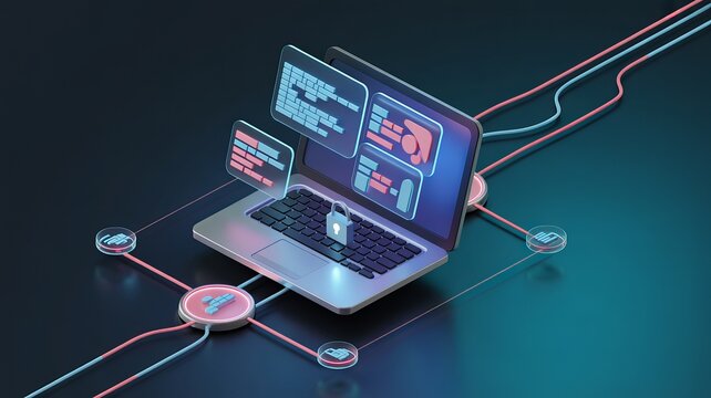 3d isometric laptop with code and network connections