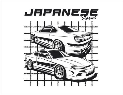 Japanese stance car culture for 90s vehicle vector design illustration