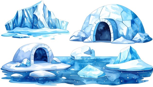 Watercolor illustration featuring cold structures like icebergs and igloos, set against a watery backdrop with floating ice