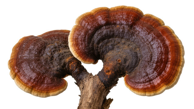 Two glossy brown Reishi mushrooms with concentric rings, isolated on transparent background