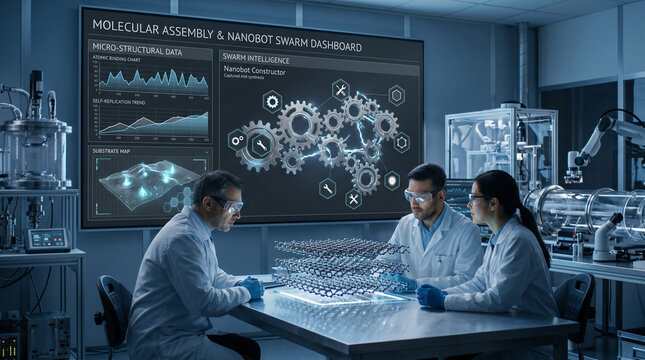 Three materials scientists in white lab coats studying a hovering carbon nanotube lattice in a high-tech nanotechnology laboratory with a large nanobot swarm dashboard