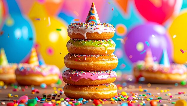 Stack of Party Donuts with Hats and Balloons