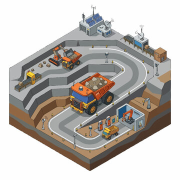 Modern open pit mine with autonomous vehicles and processing plant.