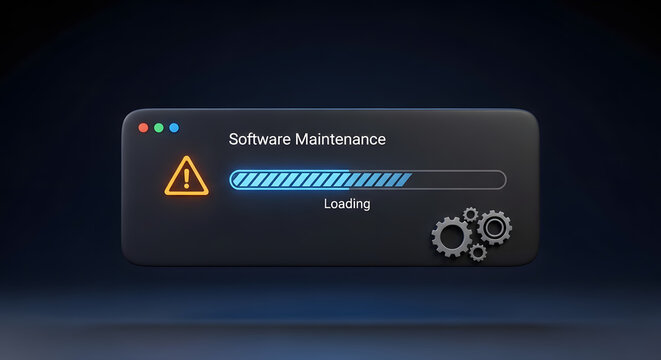 Software Maintenance Progress Bar Showing Loading with Gears and Warning Icon