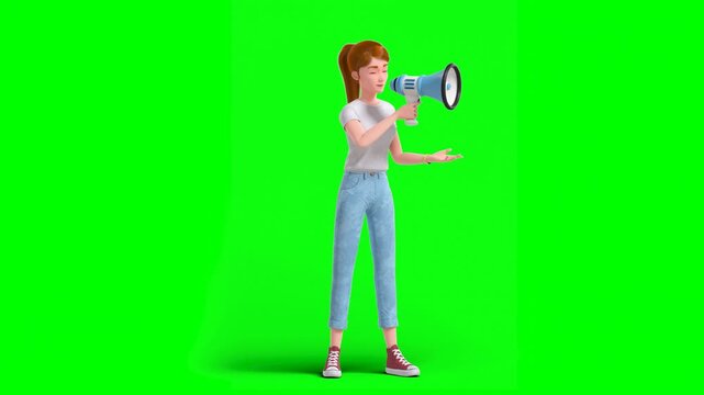 3D Animated Cartoon Female Character in Casual Outfit Standing Holding Megaphone, Speaking Out Loud Using Various Hand Gestures. Green Screen.