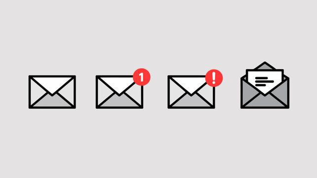 Flat email envelope icons with notification badges and open mail symbol