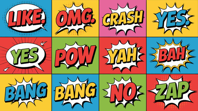 Bright colorful comic speech bubble words set with bold explosion effects
