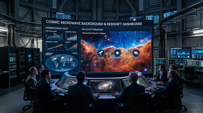 Seven astronomers operating a curved console in a futuristic deep space telemetry center featuring a large cosmic microwave background and redshift dashboard.