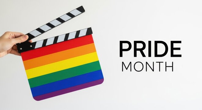 Pride Month rainbow movie clapperboard held by hand, LGBTQ cinema and film production concept, colorful slate for queer storytelling and media