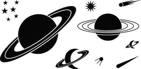 Saturn Planet Solar System Silhouette Set with Rings Comet Meteorite Satellite and Star Elements for Astronomy Designs © Md shain