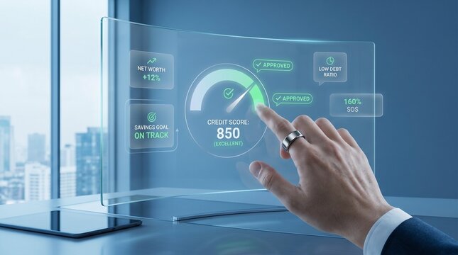 Hand Touching Futuristic Credit Score Dashboard with Excellent Credit Rating, Financial Approval Analytics and Personal Finance Technology