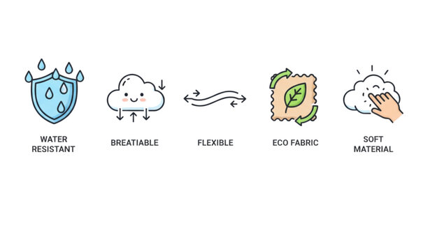 Cartoon linear fabric properties icon set for clothing textiles vector illustration