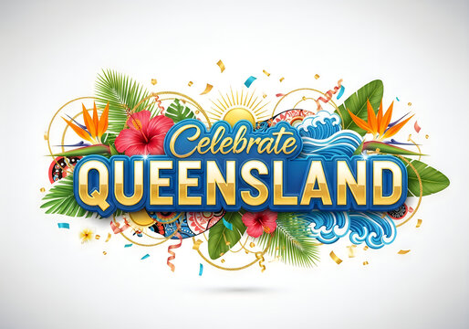 Celebrate queensland text with tropical flowers waves confetti