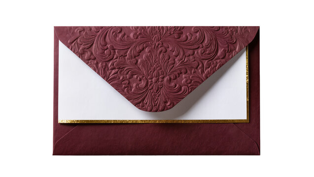Burgundy embossed envelope with gold trim and white card, isolated on transparent background