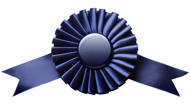 Dark blue rosette award ribbon with satin texture, isolated on transparent background
