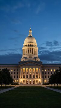 The majestic dome of the Oklahoma State Capitol building illuminated at dusk.