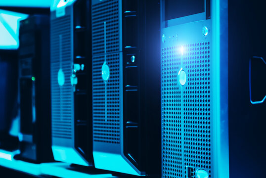 Futuristic glowing server front panel Abstract technology background representing cybersecurity web hosting and network infrastructure.