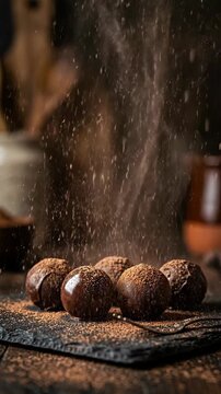 Chocolate truffle cocoa powder dessert candy sweet dark chocolate confection food photography gourmet treat with falling cocoa dust slate board
