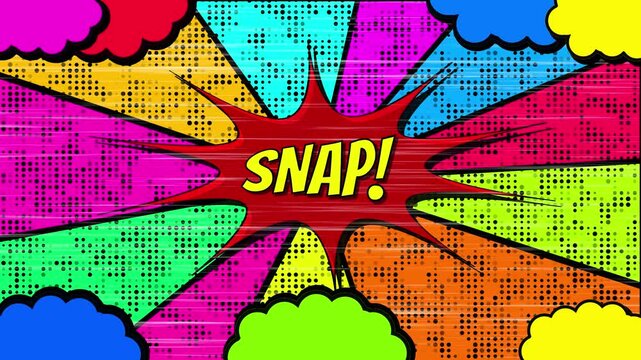 Vibrant 2d Animated Comic Book Background Featuring A Central Red Jagged Burst With The Word Snap In Bold Yellow Text, Surrounded By Multi-colored Radial Rays, Halftone Dot Textures, Horizontal Speed 