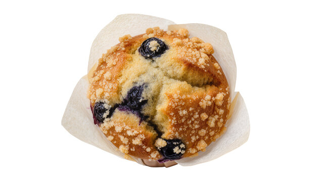 Golden brown blueberry muffin with crumb topping, isolated on transparent background