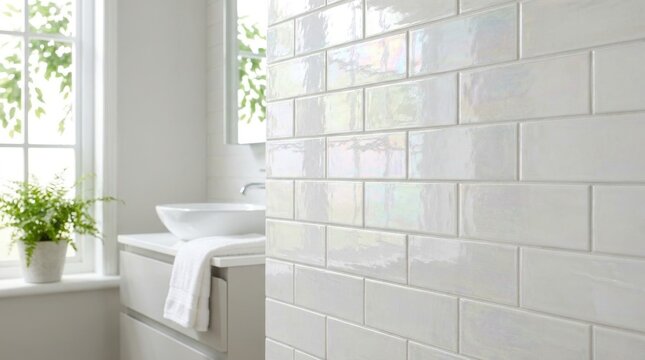 Glossy Pearlescent Subway Tiles With Subtle Iridescent Sheen on a Bathroom Wall