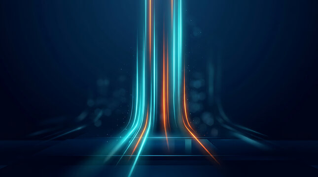Abstract futuristic background with glowing neon light streaks in vibrant blue and orange colors on a dark backdrop